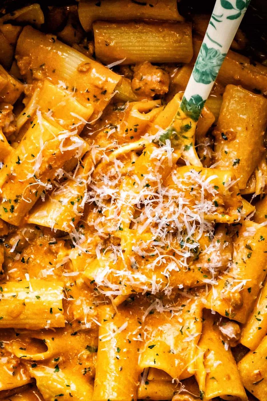 close up on creamy spicy sausage pasta