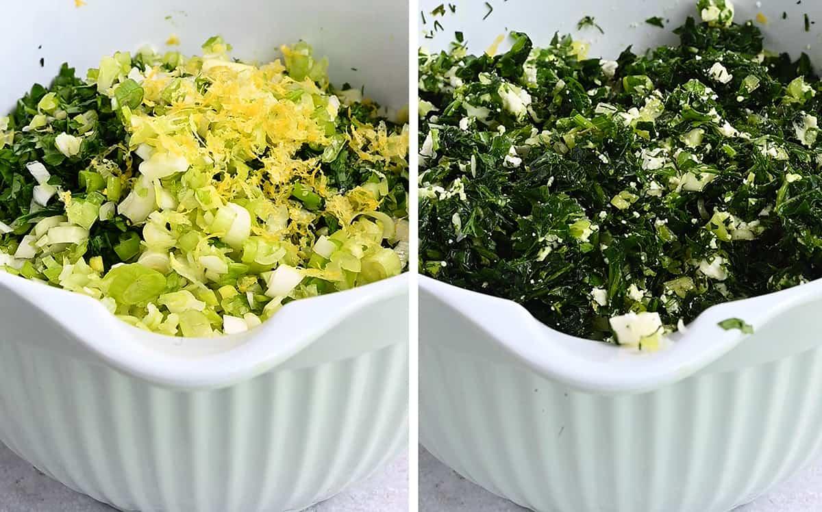 spinach pie filling with chopped spinach, herbs and feta cheese in a bowl