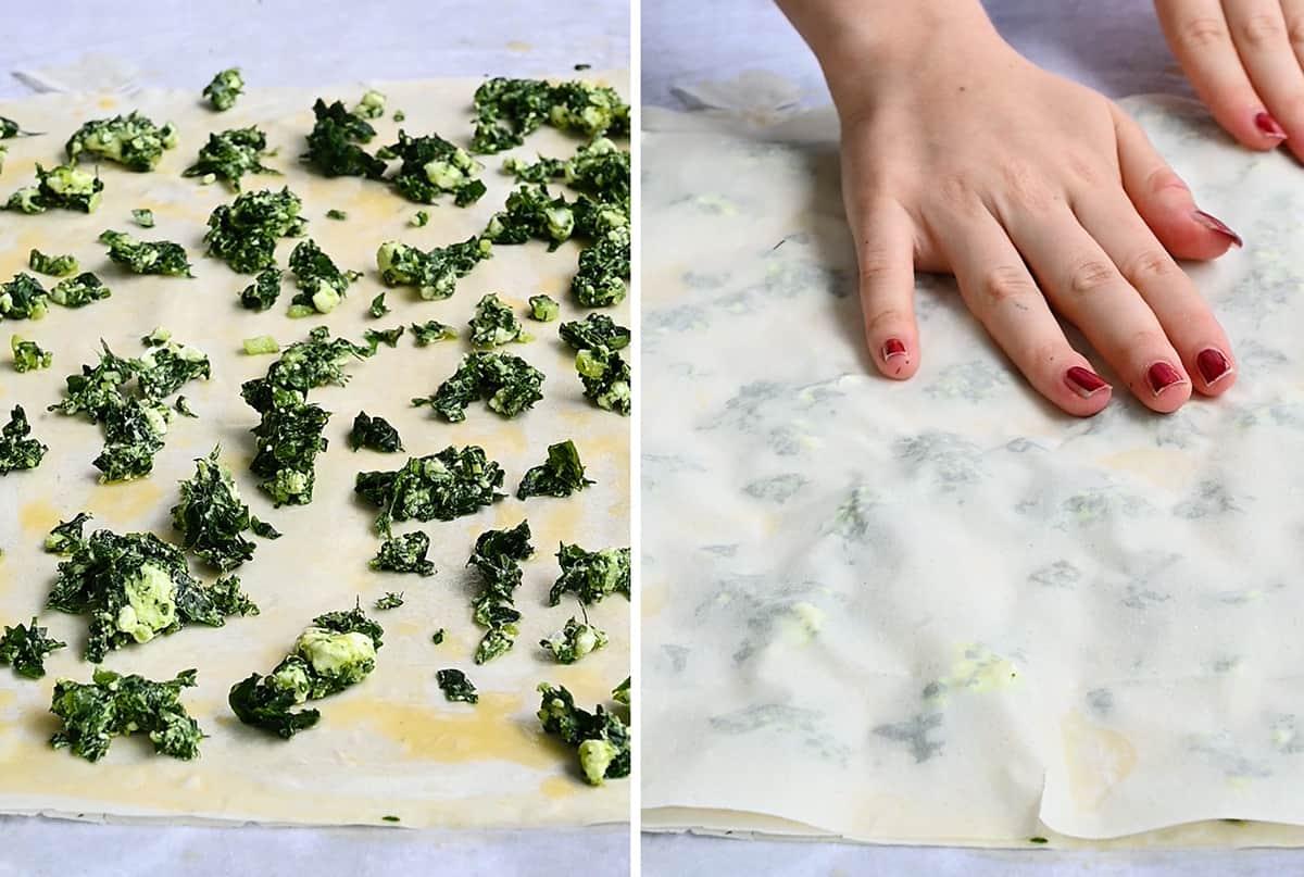 collage showing how to make crinkled filo pie with spinach filling