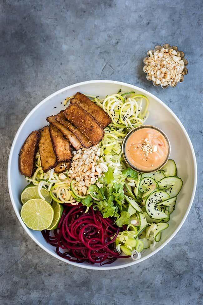 Vegetable Noodles with Tofu and Spicy Peanut Sauce