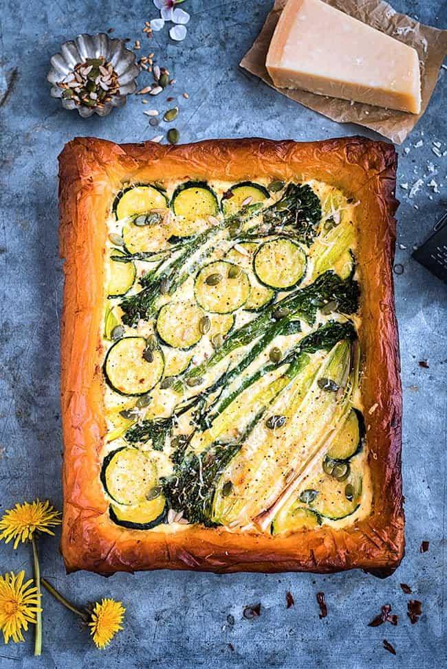 Spring Tart with Ricotta, Leek, Sprouting Broccoli and Courgette