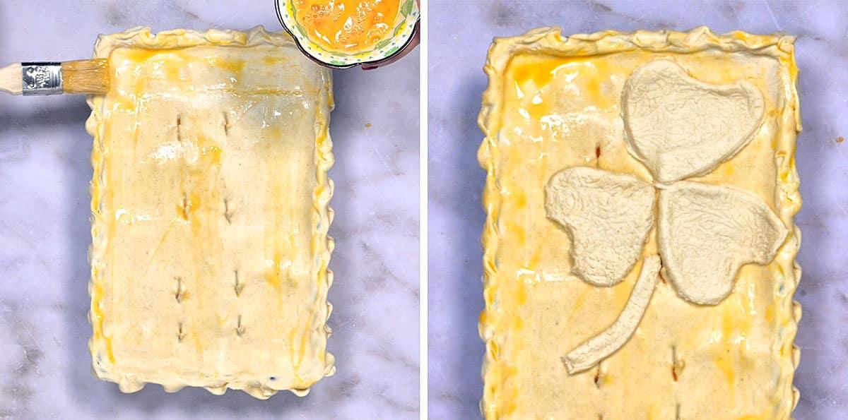 Irish beef pie, close up on puff pastry crust prior to baking