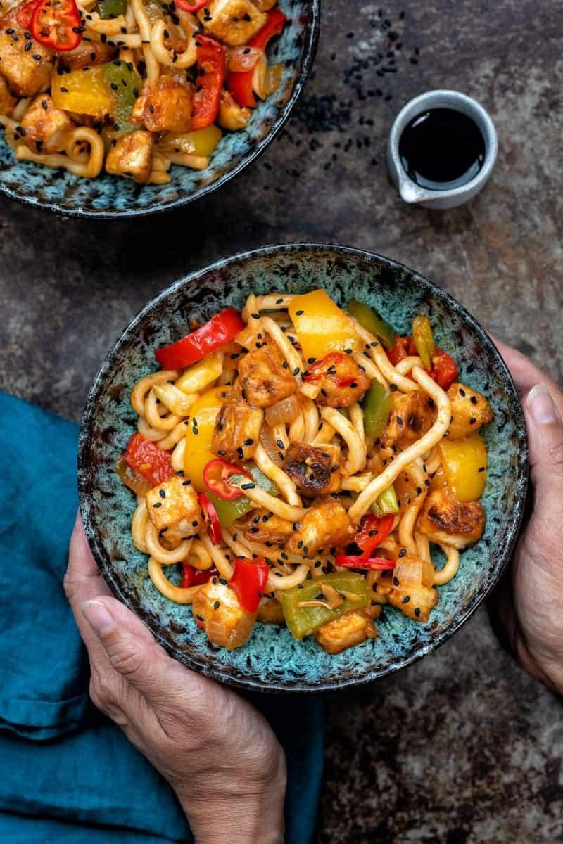 Stir-fried crispy tofu and peppers in tomato garlic sauce