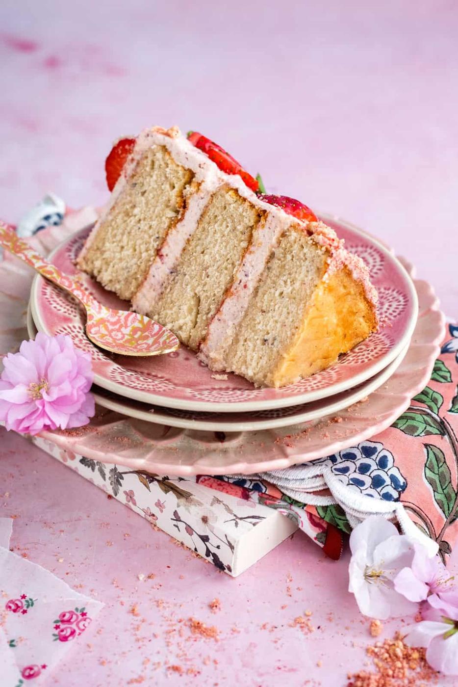 Slice of strawberry crunch cake