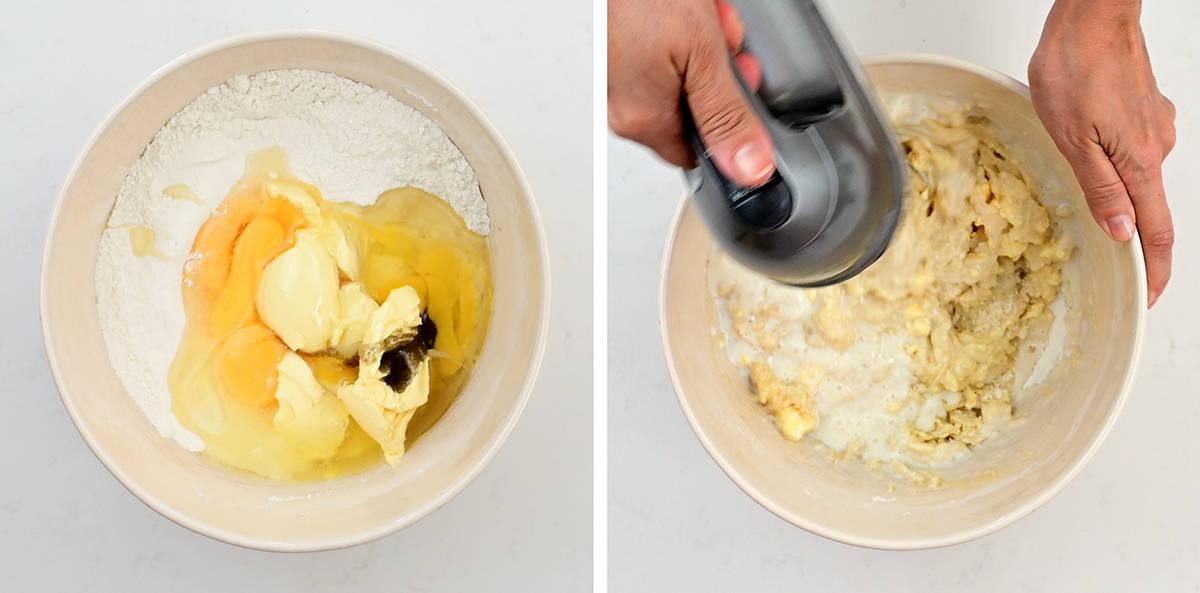 Beating ingredients for vanilla sponge in a bowl with an electric hand mixer