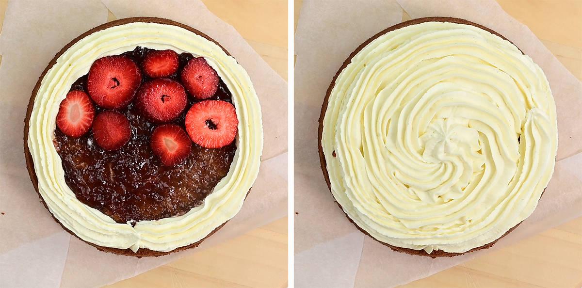 assembling strawberry gateau layers