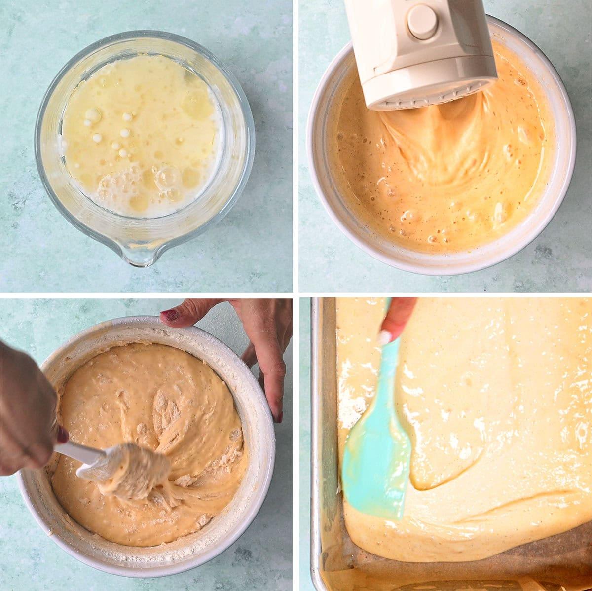 Four-step collage showing cake batter being made: mixing wet ingredients, blending with a hand mixer, stirring the batter with a spatula, and spreading it evenly in a baking pan with a blue spatula.