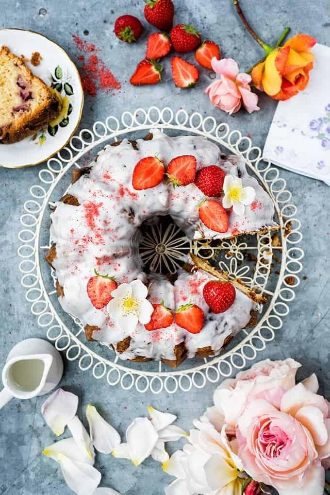Strawberry rose bundt cake with lemon glaze