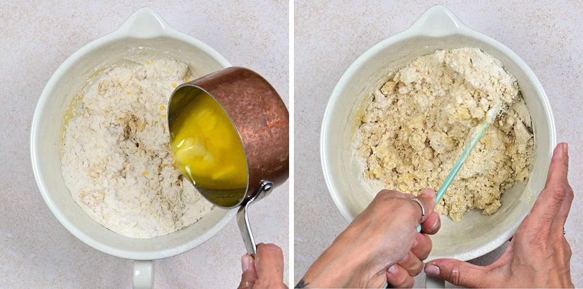 Two side-by-side images show a white mixing bowl with flour mixture. In the first, melted butter is being poured in; in the second, hands stir the mixture with a spatula.