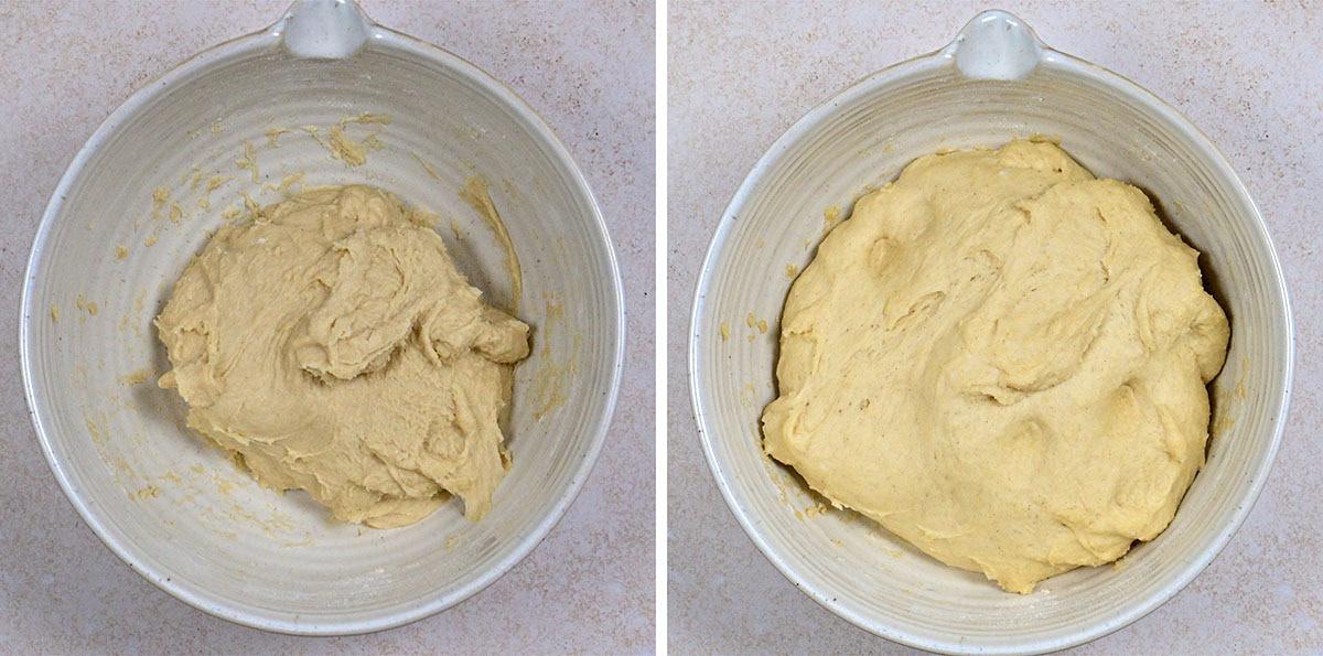 Side-by-side images of a bowl of dough: the left shows freshly mixed dough, while the right shows the dough after rising, appearing puffier and larger. Both bowls are on a light-colored surface.