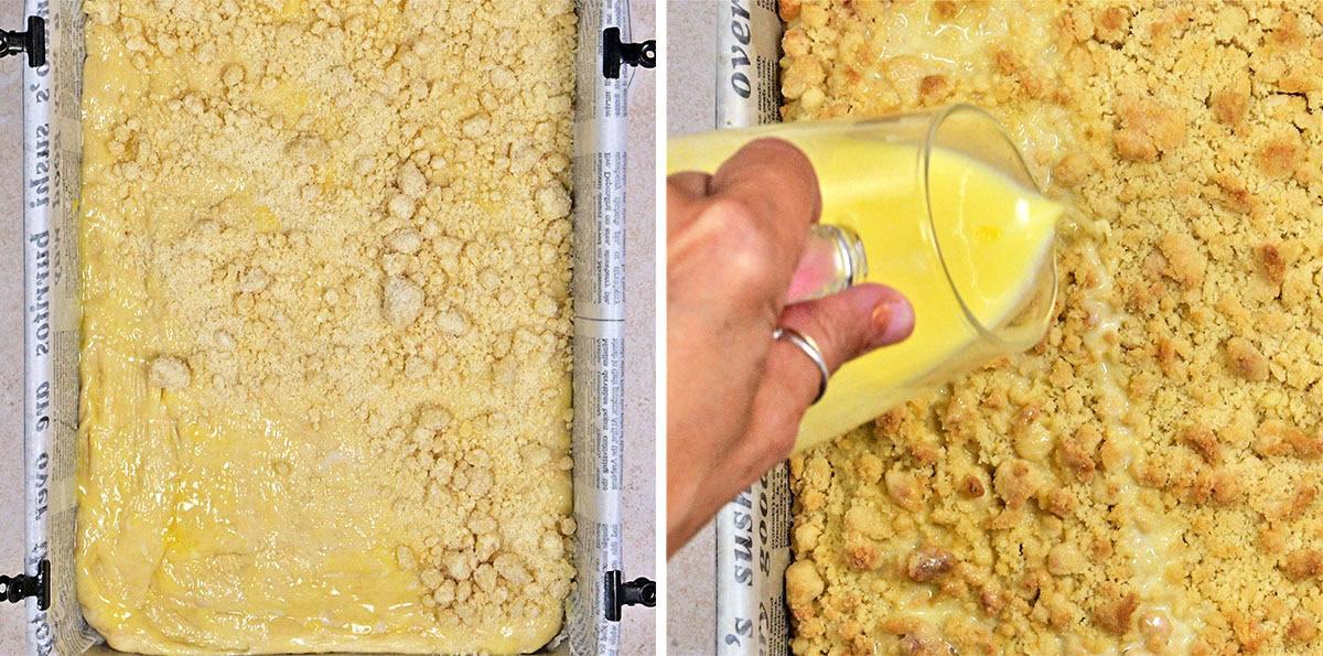 Two-panel image: On the left, an unbaked crumbly cake batter in a parchment-lined pan. On the right, a hand pours a glass of yellow liquid evenly over the baked, golden crumb cake.