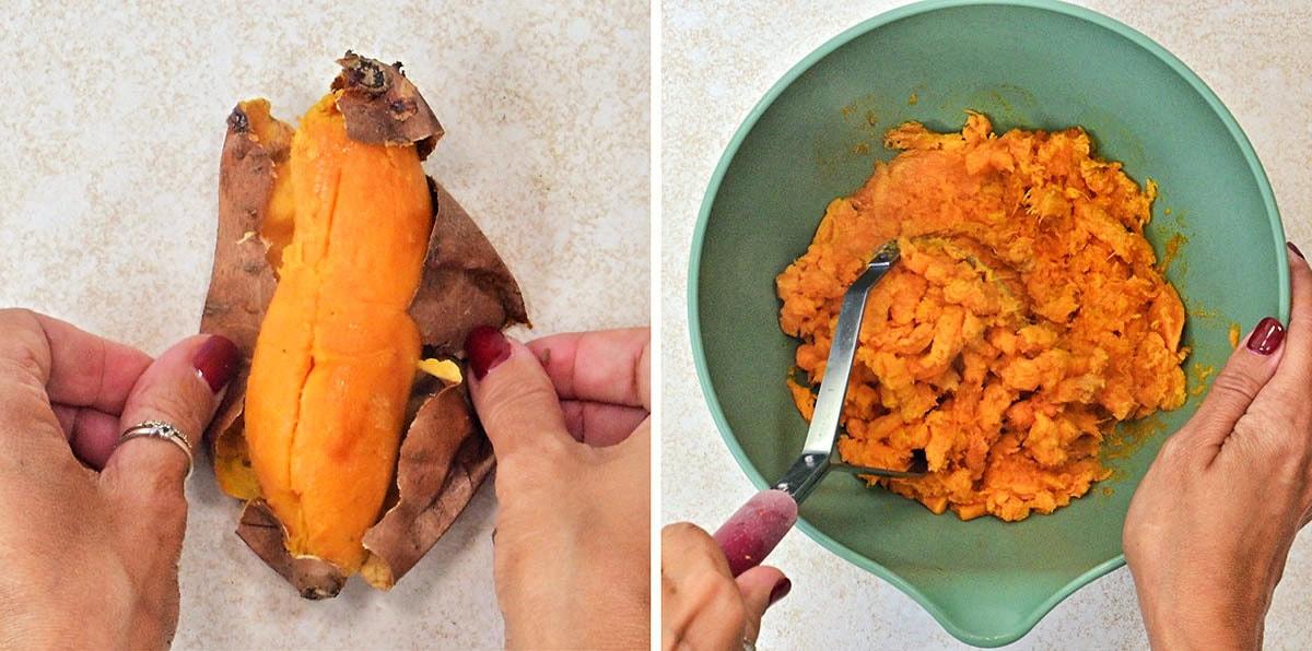 A person peels a baked sweet potato on the left, and on the right, the sweet potato flesh is being mashed in a bowl with a masher.