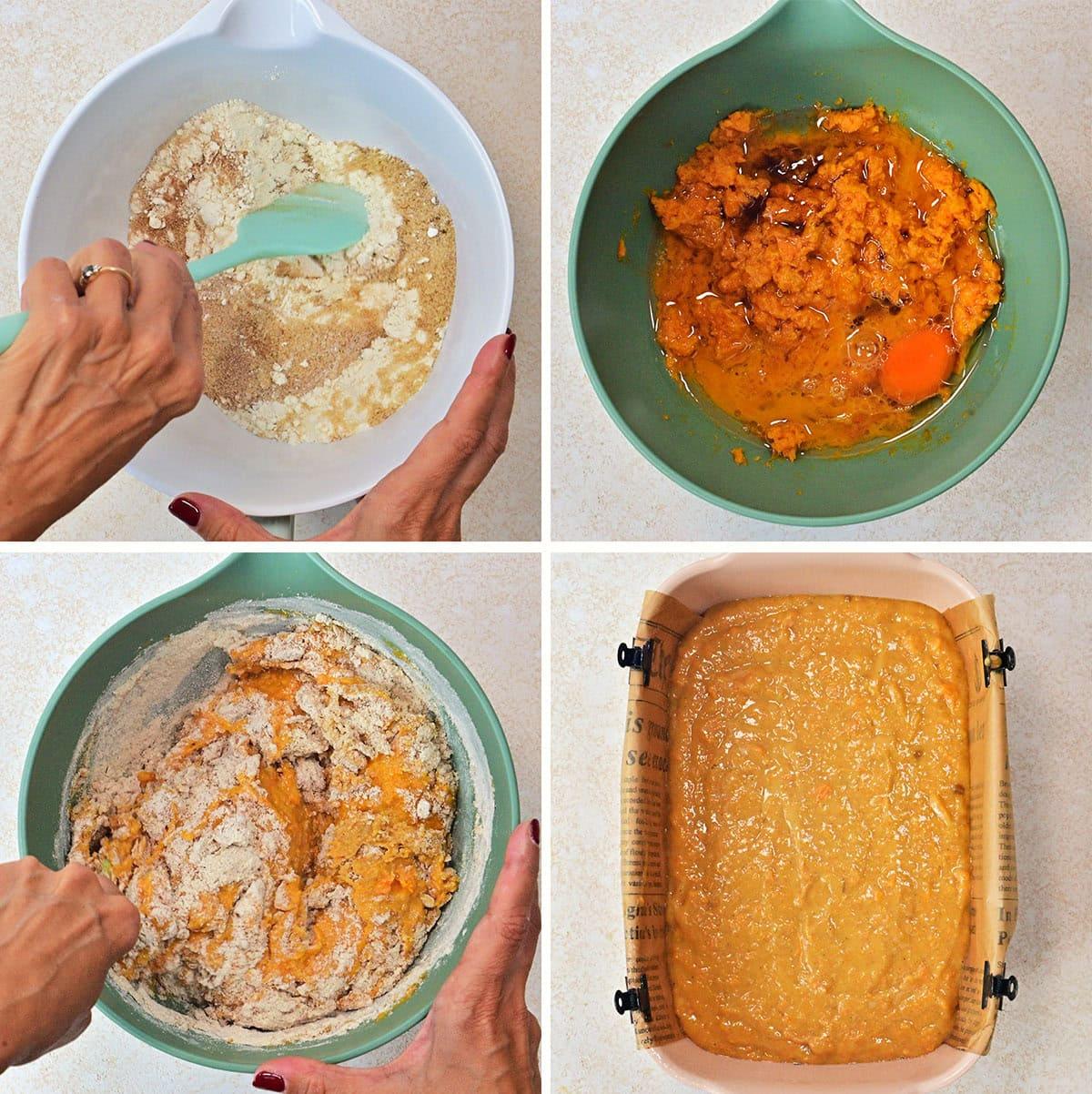 A collage of four images shows hands mixing flour, sugar, and wet ingredients in bowls, combining the mixture, and then pouring the batter into a parchment-lined baking pan.