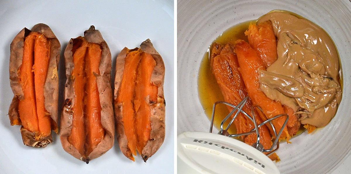 Left: Three baked sweet potatoes with slits down the center on a white plate. Right: Peeled sweet potatoes and a large dollop of peanut butter in a mixing bowl with a mixer.
