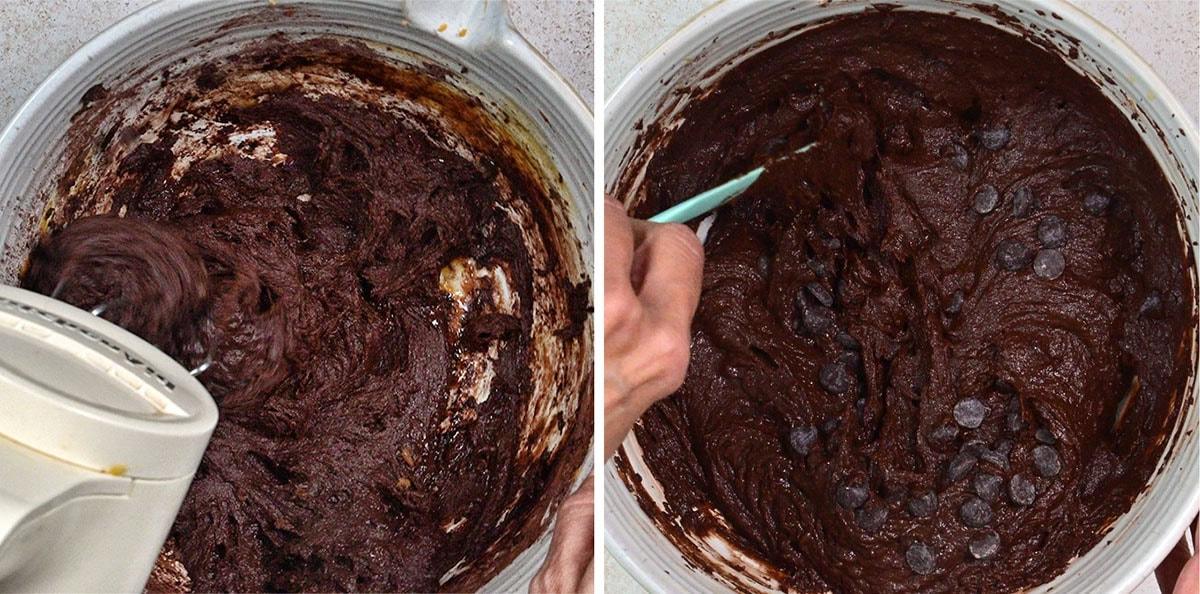 Side-by-side images showing thick chocolate brownie batter being mixed with an electric mixer on the left and stirred with a spatula and chocolate chips on the right.