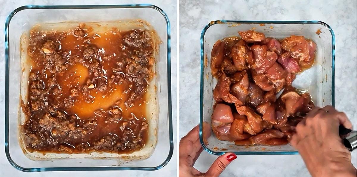 Marinating chicken thigh pieces in soy sauce, five spice, garlic and ginger for Taiwanese fried chicken