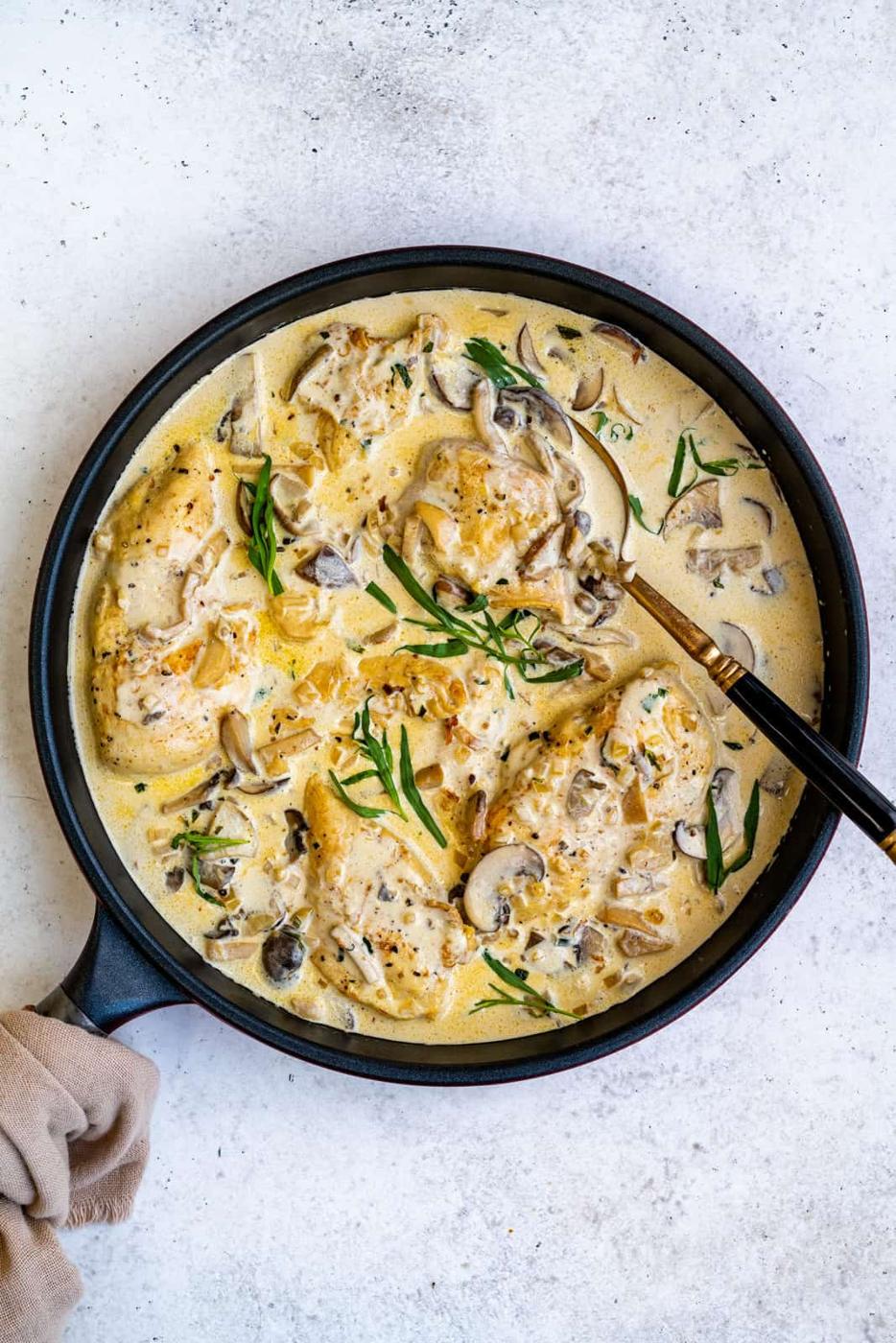 overhead view of creamy tarragon chicken
