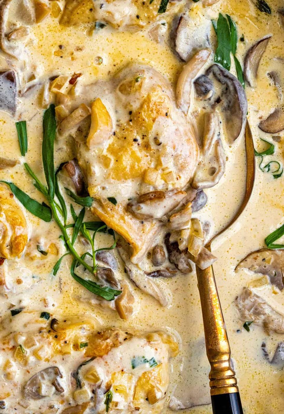 close up on a pan of tarragon chicken with cream and mushrooms