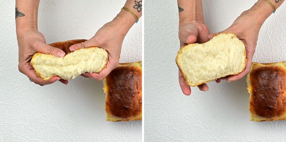 squeezing milk bread loaf to show spring back