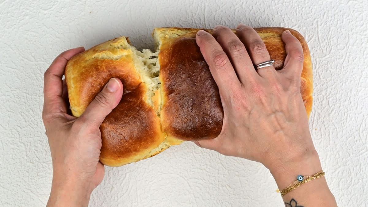 Tearing Hokkaido milk bread loaf