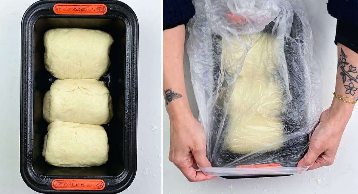 Collage showing milk bread in loaf pan ready for second rise