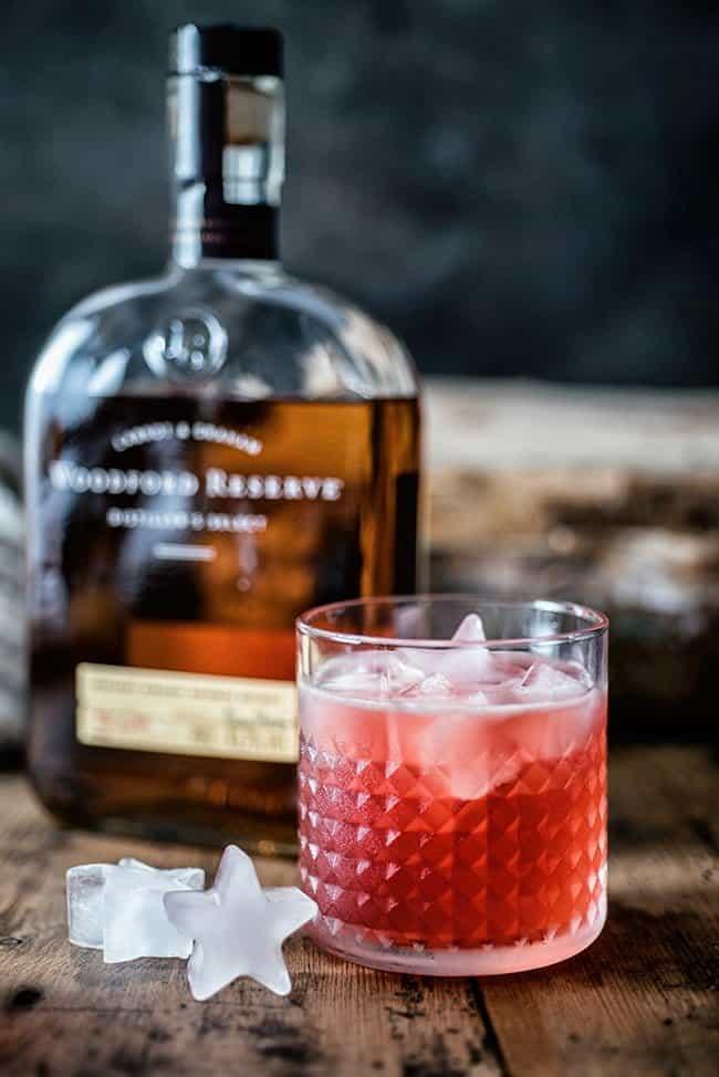 Scofflaw bourbon cocktail served on the rocks with star shaped ice cubes