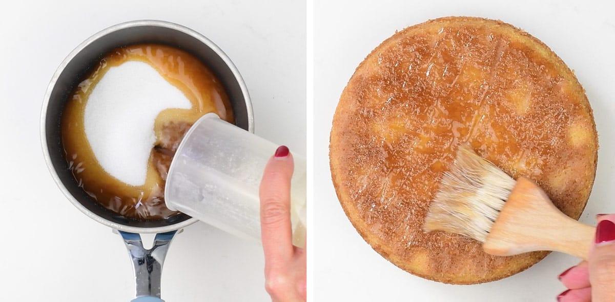 making coffee syrup and brushing it over cake collage
