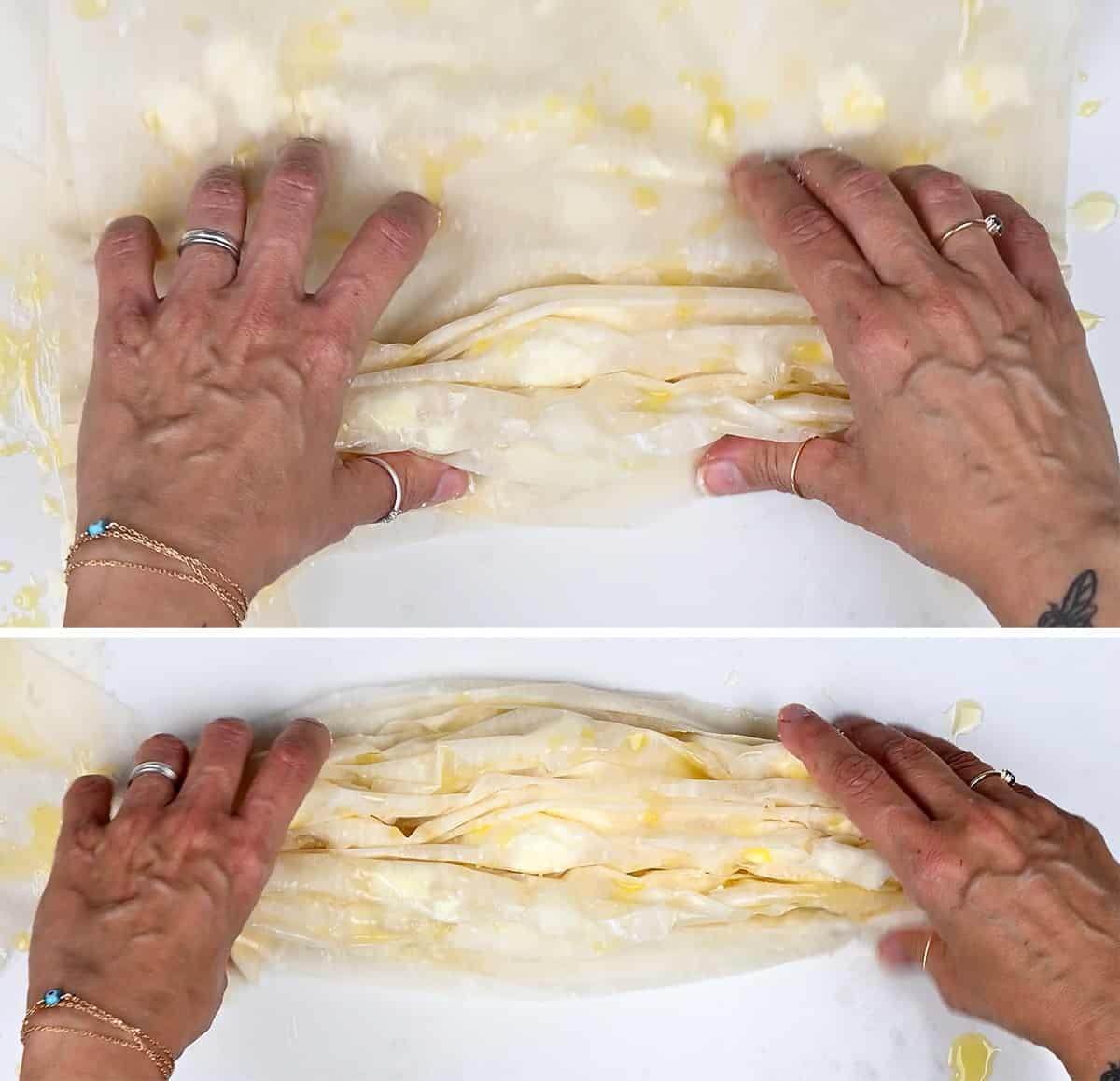 Two images show hands carefully folding and rolling layers of buttered phyllo dough to make Tiropita, a classic Greek cheese pie. The crisp phyllo pastry is handled gently, with rings and bracelets visible on the left hand.