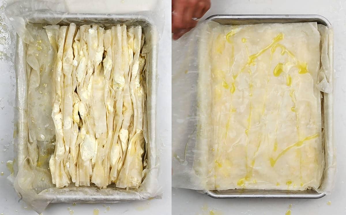 Side-by-side image: On the left, rolled sheets of crisp phyllo pastry lined up in a parchment-lined pan. On the right, a hand adds flat phyllo sheets brushed with oil—steps to making authentic Greek cheese pie, or Tiropita.