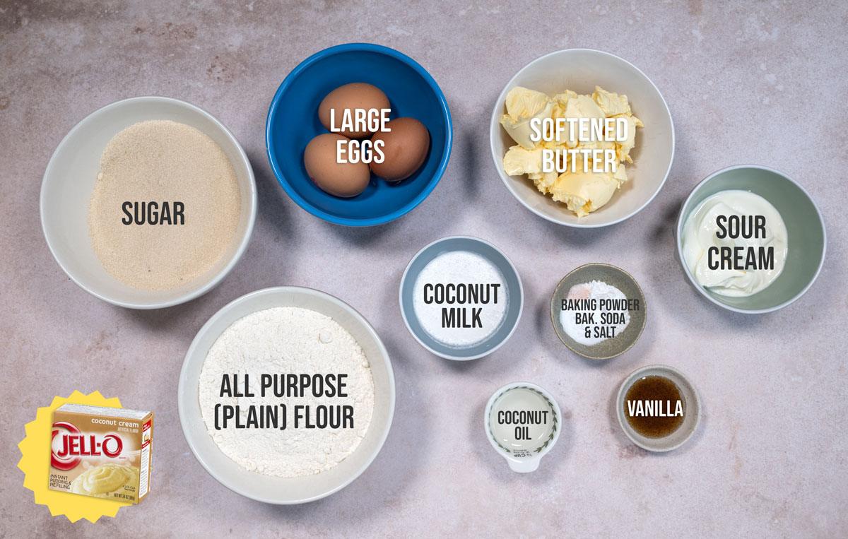 ingredients for Tom Cruise copycat coconut bundt cake, labelled