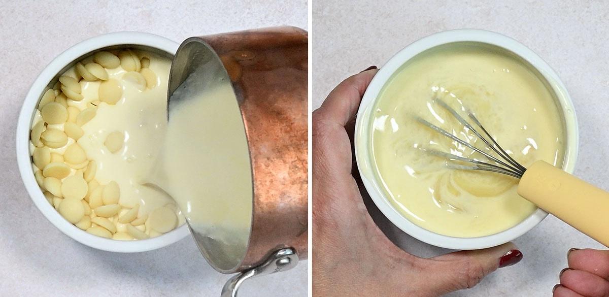 adding cream to white chocolate chips, stirring ganache (collage)
