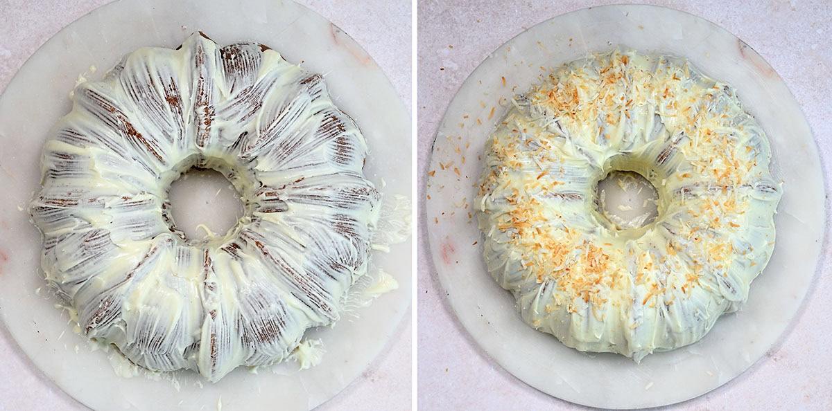 decorating coconut bundt cake, collage
