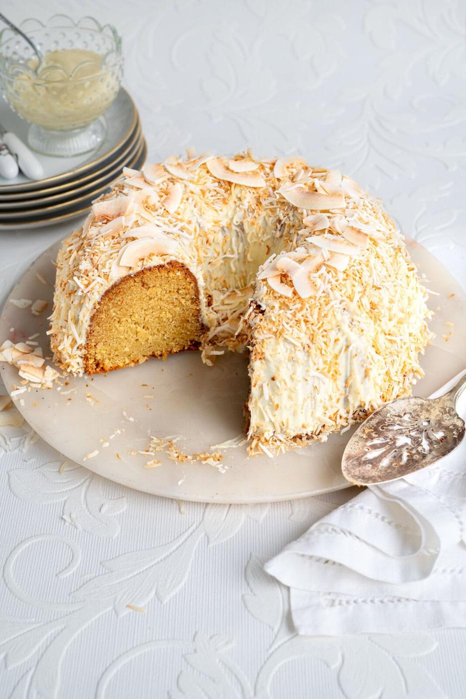 Coconut Bundt Cake with White Chocolate Cream Cheese Frosting
