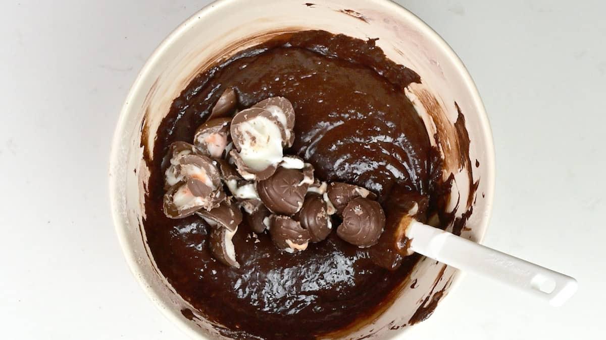 Folding Cadbury's Creme Eggs into brownie batter