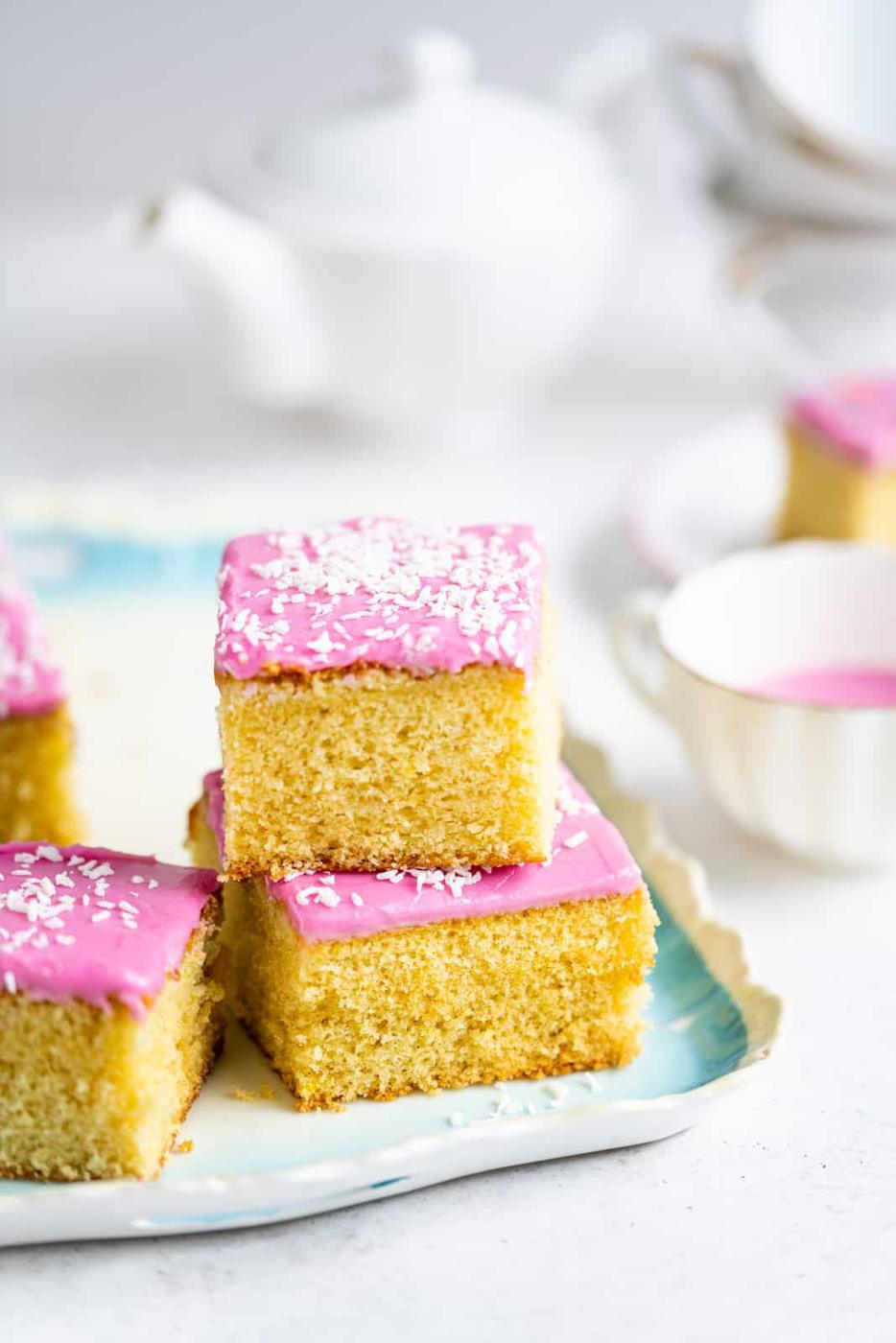 Cake portions stacked on a tray