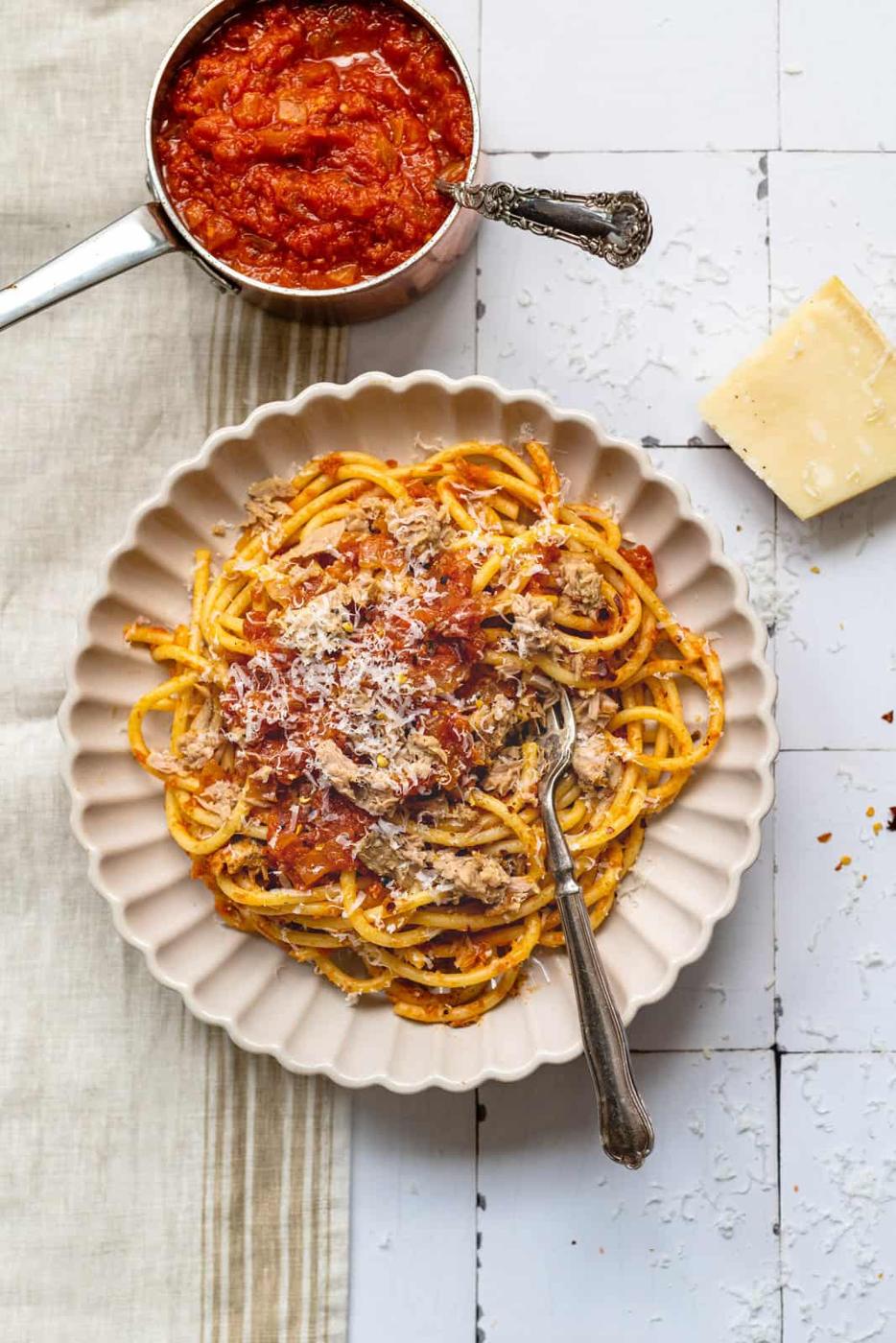 Pasta al tonno served with paresan in a bowl