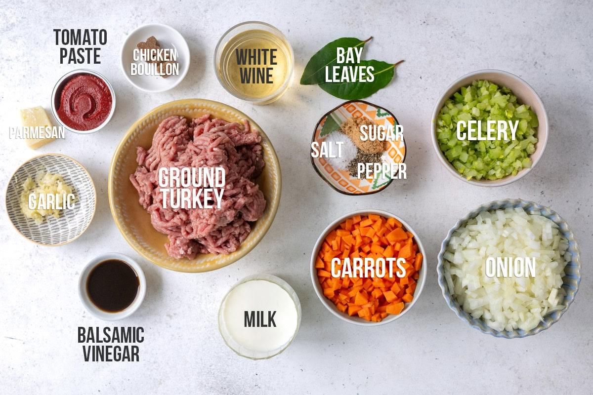 ingredients for turkey Bolognese, labelled