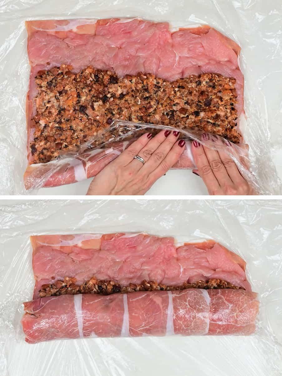 rolling up stuffed turkey breast