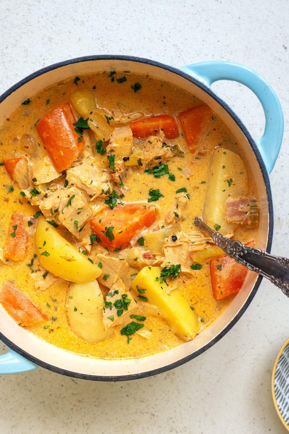 pot of creamy turkey stew using leftover turkey
