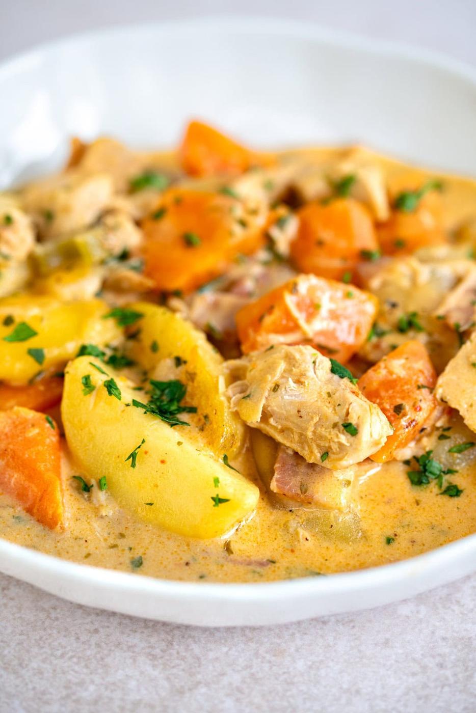 Close up on a bowl of creamy leftover turkey stew