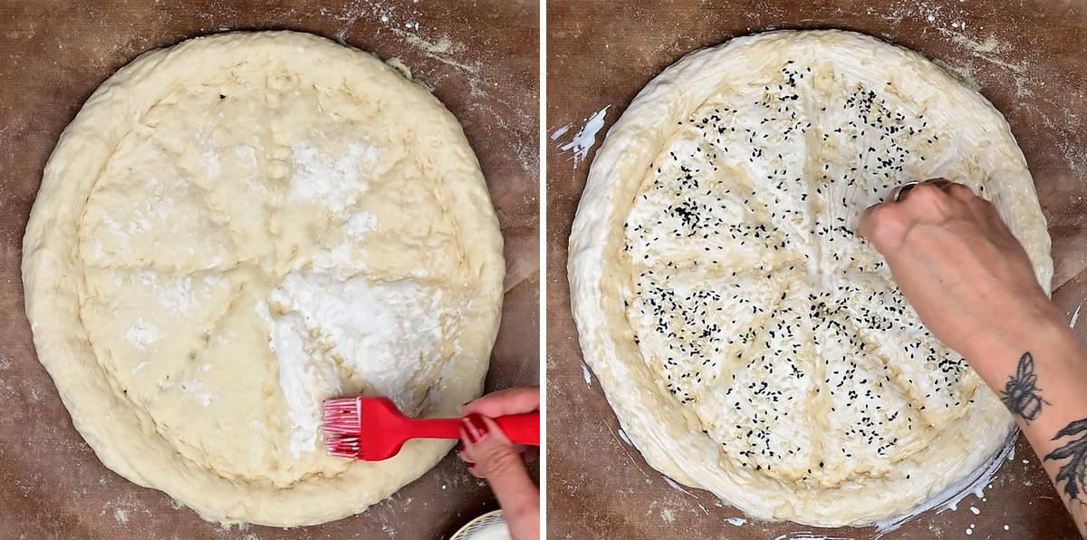 Sprinkling Turkish bread with sesame seeds