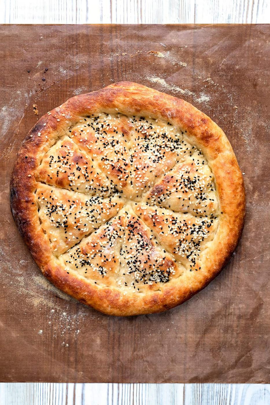 Overhead view of Turkish Bread fresh from the oven