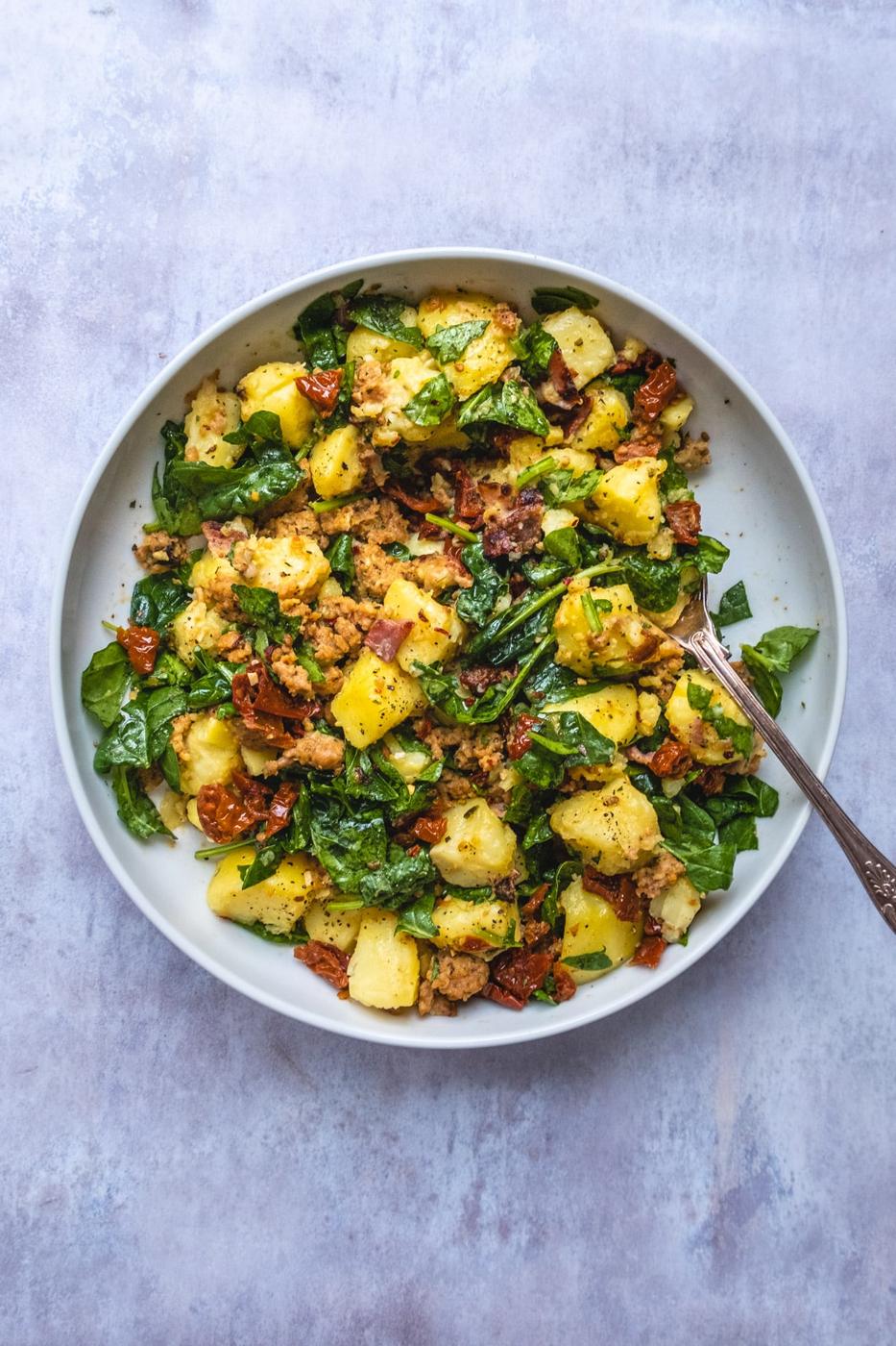 Tuscan Potato Salad – Warm Potato Salad with Bacon and Italian Sausage