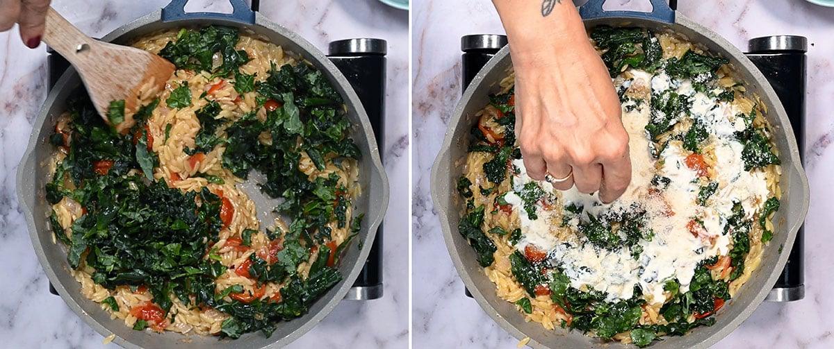 process shots making Tuscan orzo with spinach and cream