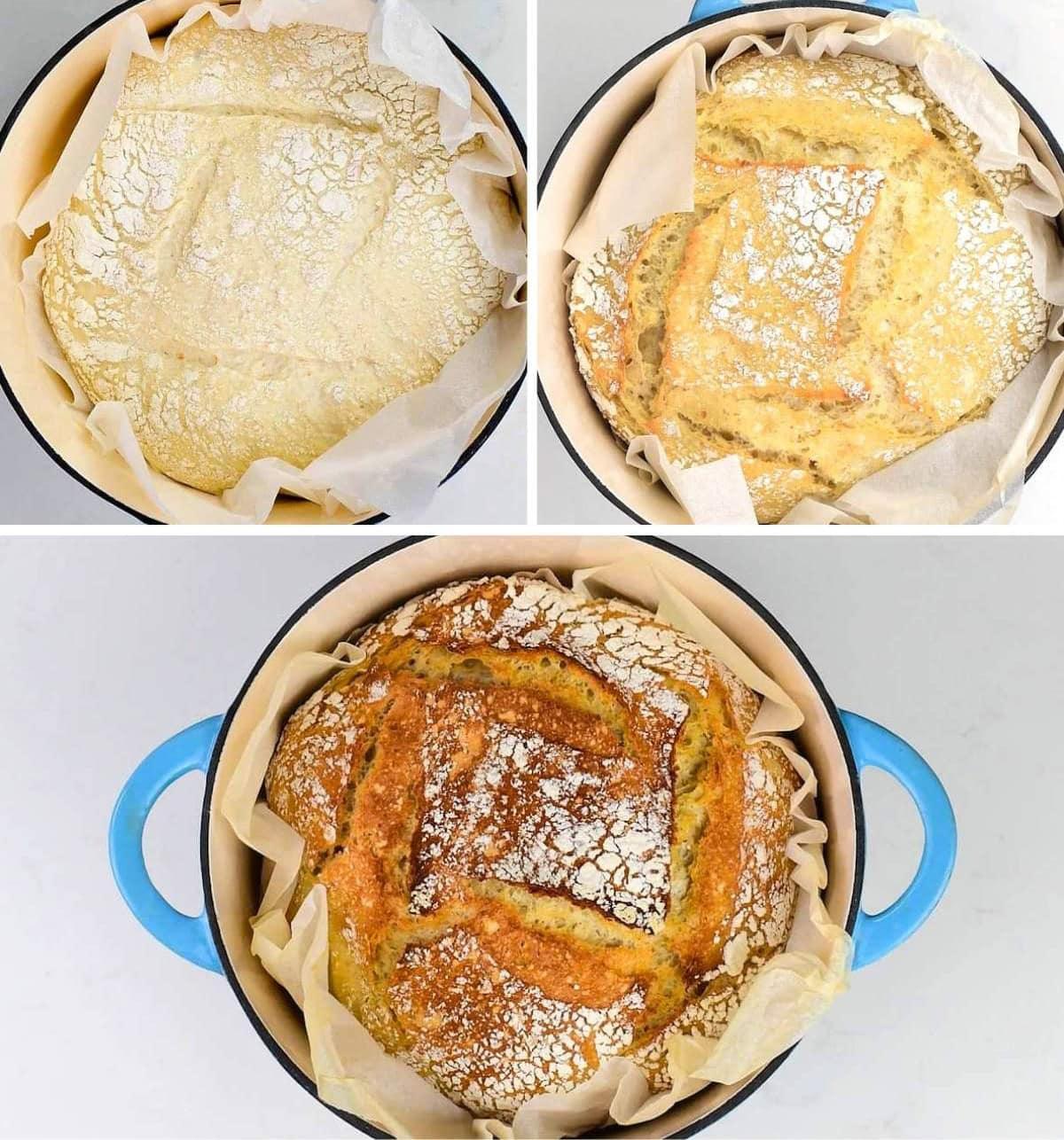 Three images show the stages of baking No Knead Bread in a round blue Dutch oven: raw dough, partially baked bread, and a golden, fully baked loaf, all dusted with flour and lined with parchment paper.