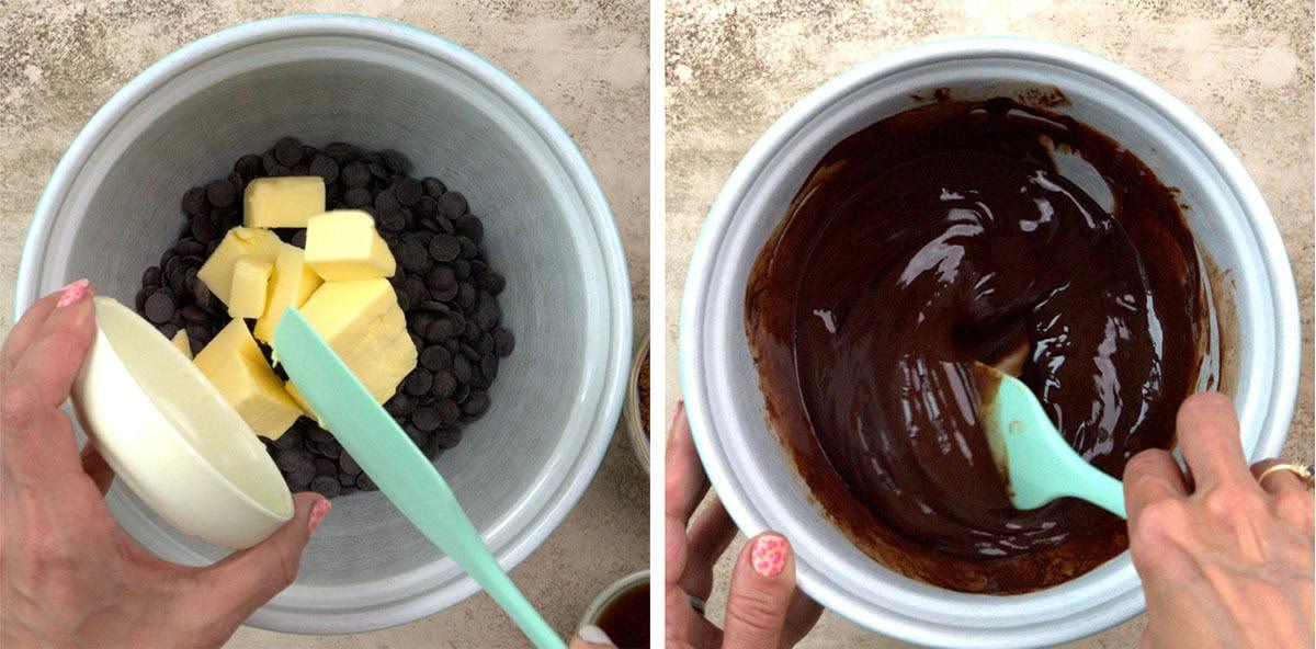 Side-by-side images: On the left, chocolate chips and butter are in a bowl as liquid is poured in. On the right, the melted chocolate mixture is stirred with a spatula in the same bowl.