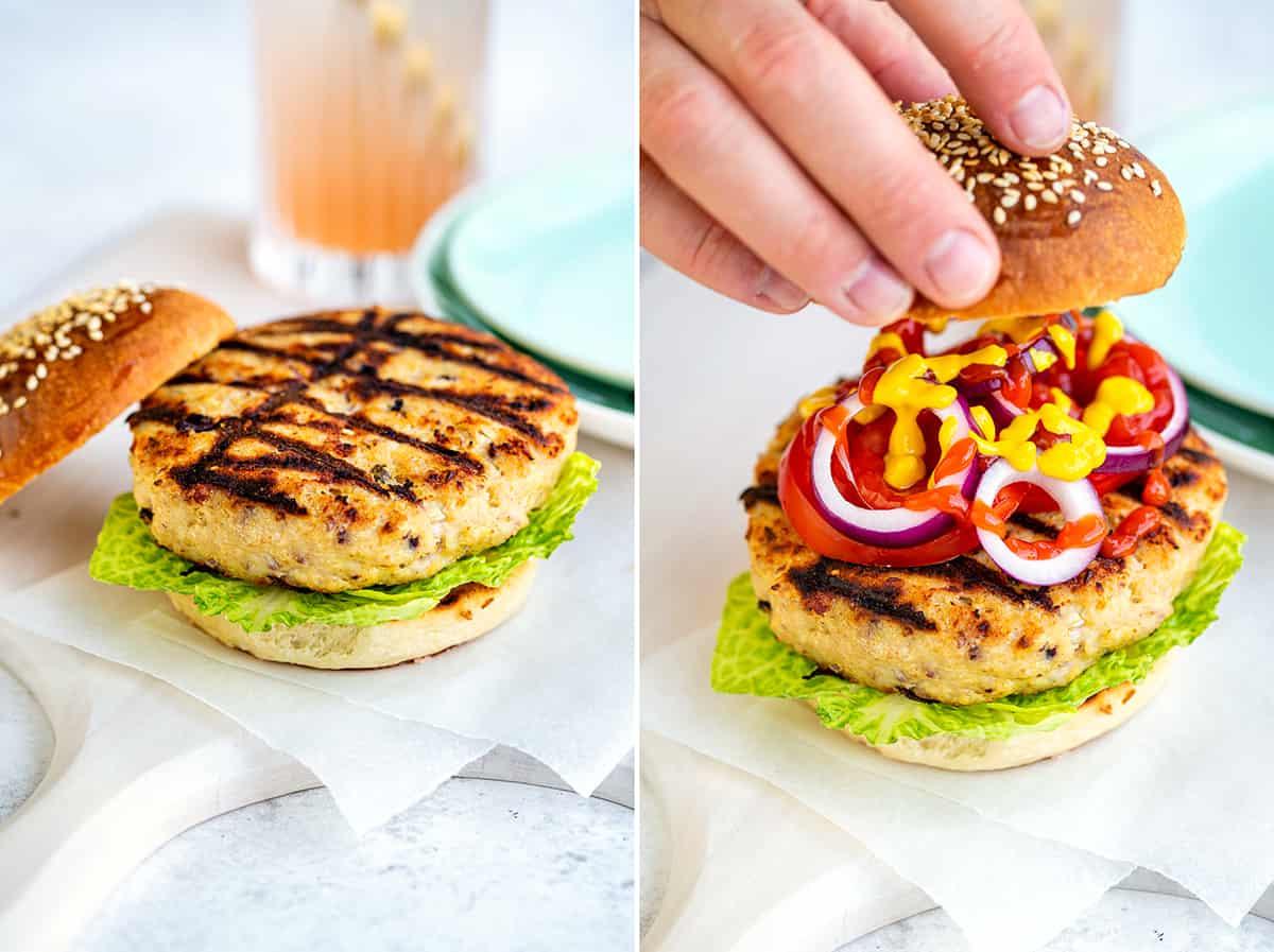 assembling a turkey burger in a brioche bun collage
