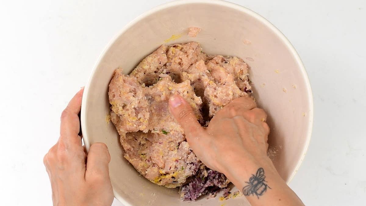 mixing ground turkey, breadcrumbs, minced onion, egg in a mixing bowl