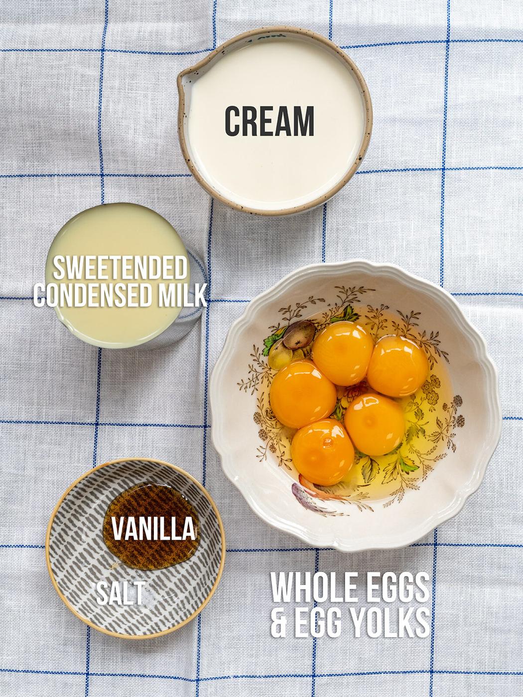 ingredients for vanilla creme brulee in various bowls, captioned