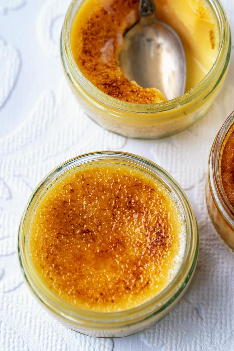 overhead view of creme brulee with caramelised sugar crust